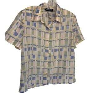 Sag Harbor Petite Plaid Button Up Short Sleeve Blouse Women Medium